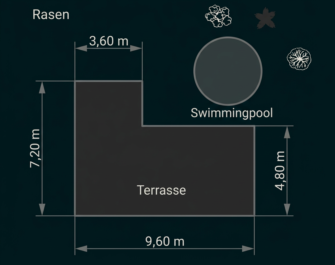 Grundriss eines Gartens mit Rasen, Terrasse, Swimmingpool und Maßangaben.